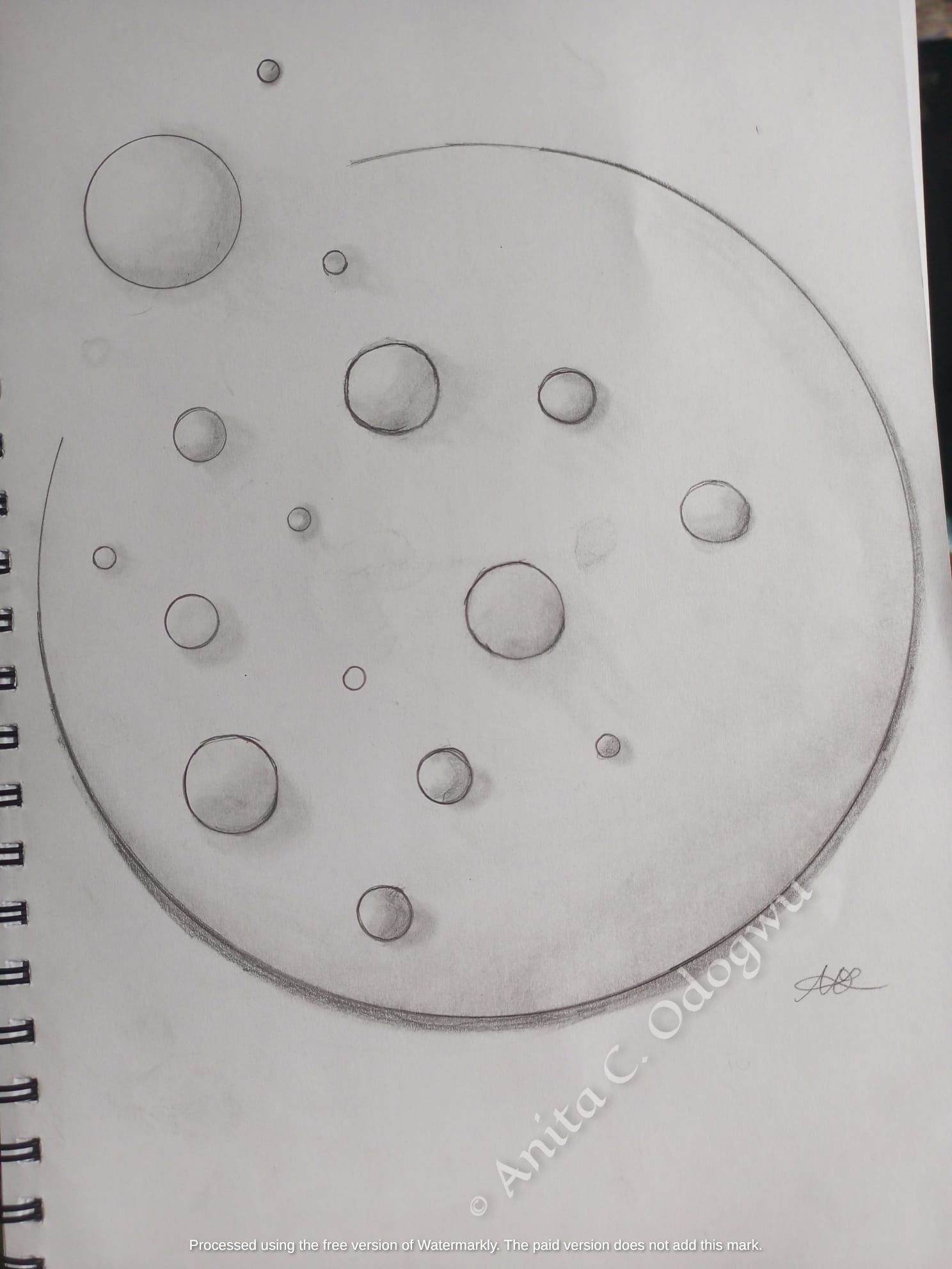 Technical graphite drawing exploring dual textures and high contrast liquid droplets by Anita C. Odogwu